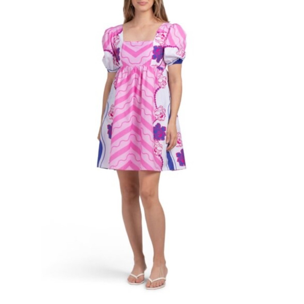Celina Moon Pink Floral Puff Sleeve Square Neck Mini Dress‎ boho Size S